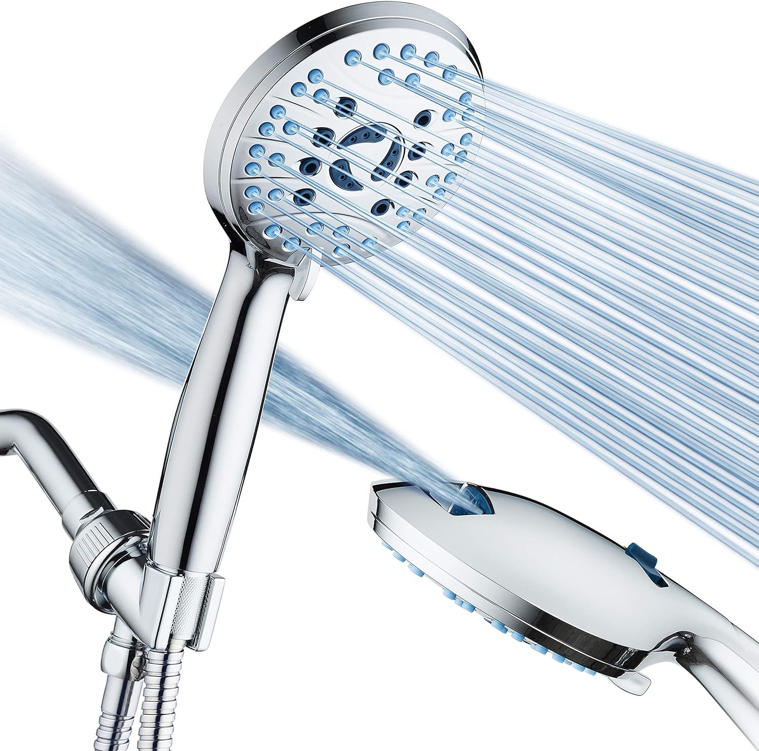 Displays the core product—a handheld and fixed showerhead combo—clearly showing its design, finish, and dual-head configuration to help shoppers understand what they are purchasing. Demonstrates the…