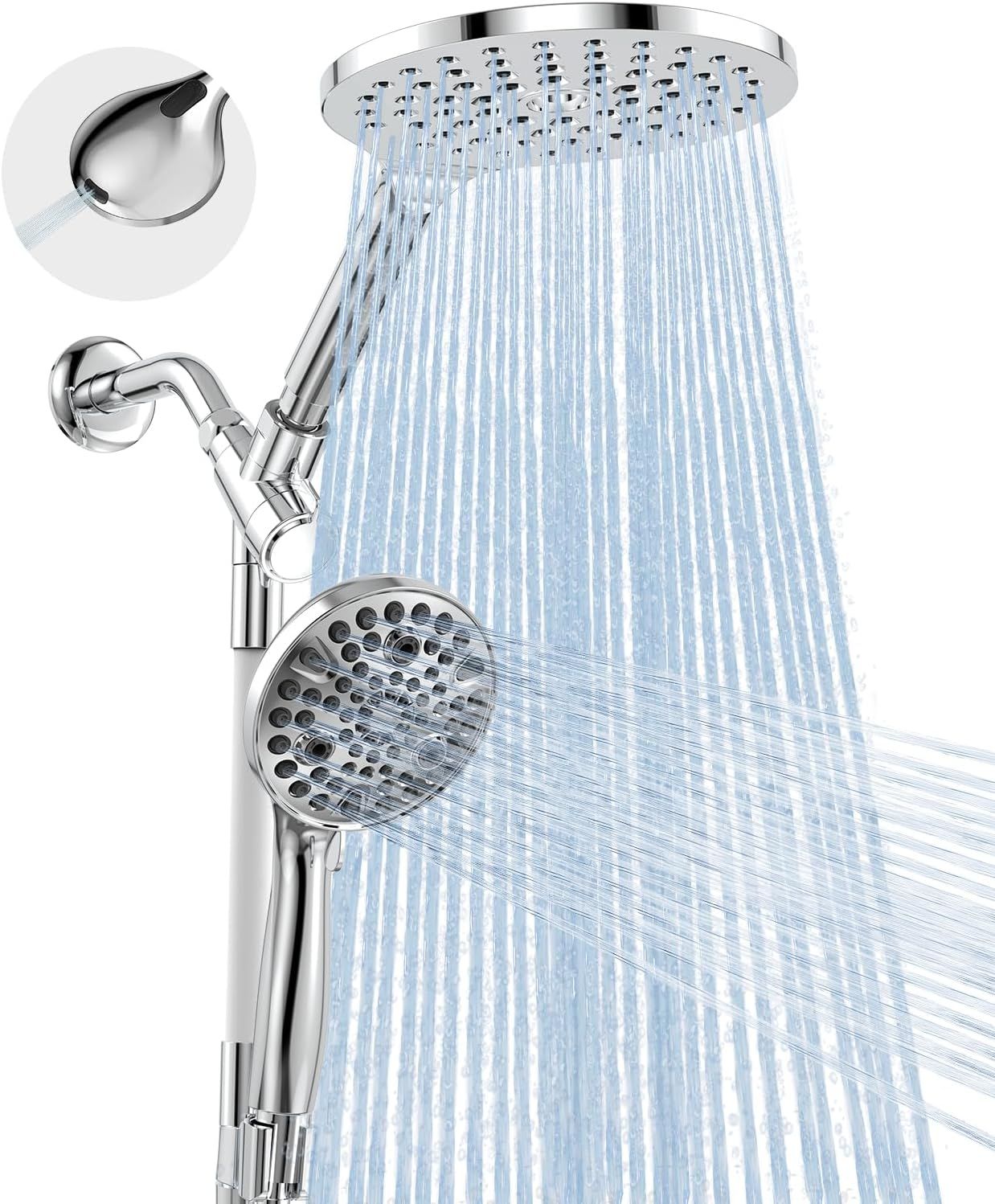 Displays the complete dual showerhead system with both overhead rainfall and handheld components, showing the chrome finish and design to help shoppers understand what they are purchasing.…
