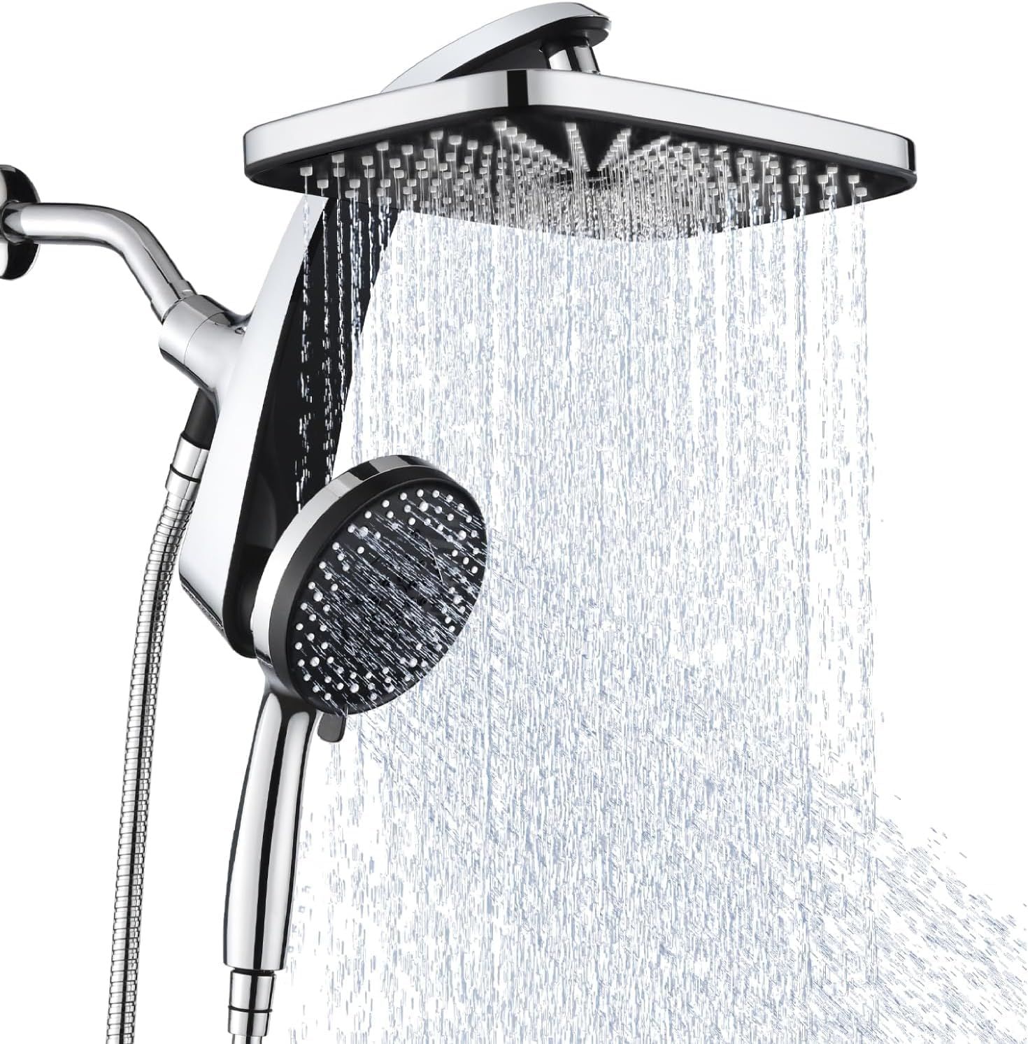 Displays the core product—a dual shower head system with both a rainfall head and handheld sprayer—clearly showing the complete set and its chrome finish to help shoppers understand what they are…