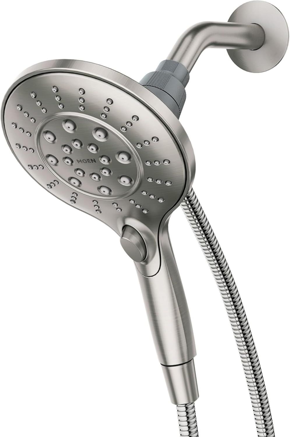 Shows the complete showerhead system with both fixed and handheld components, communicating the versatility and premium design of the dual-function product.
