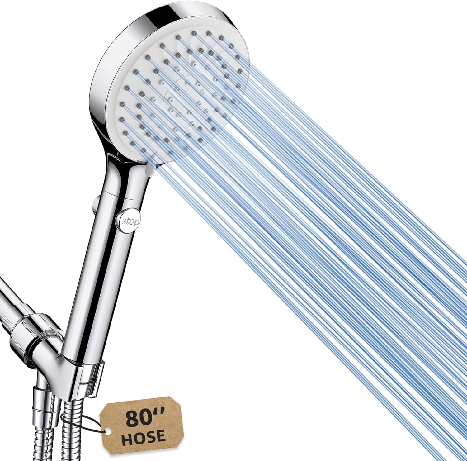 Displays the core product—a handheld shower head with visible water streams—to show shoppers what they are purchasing and its sleek, modern design. Demonstrates the shower head actively spraying…