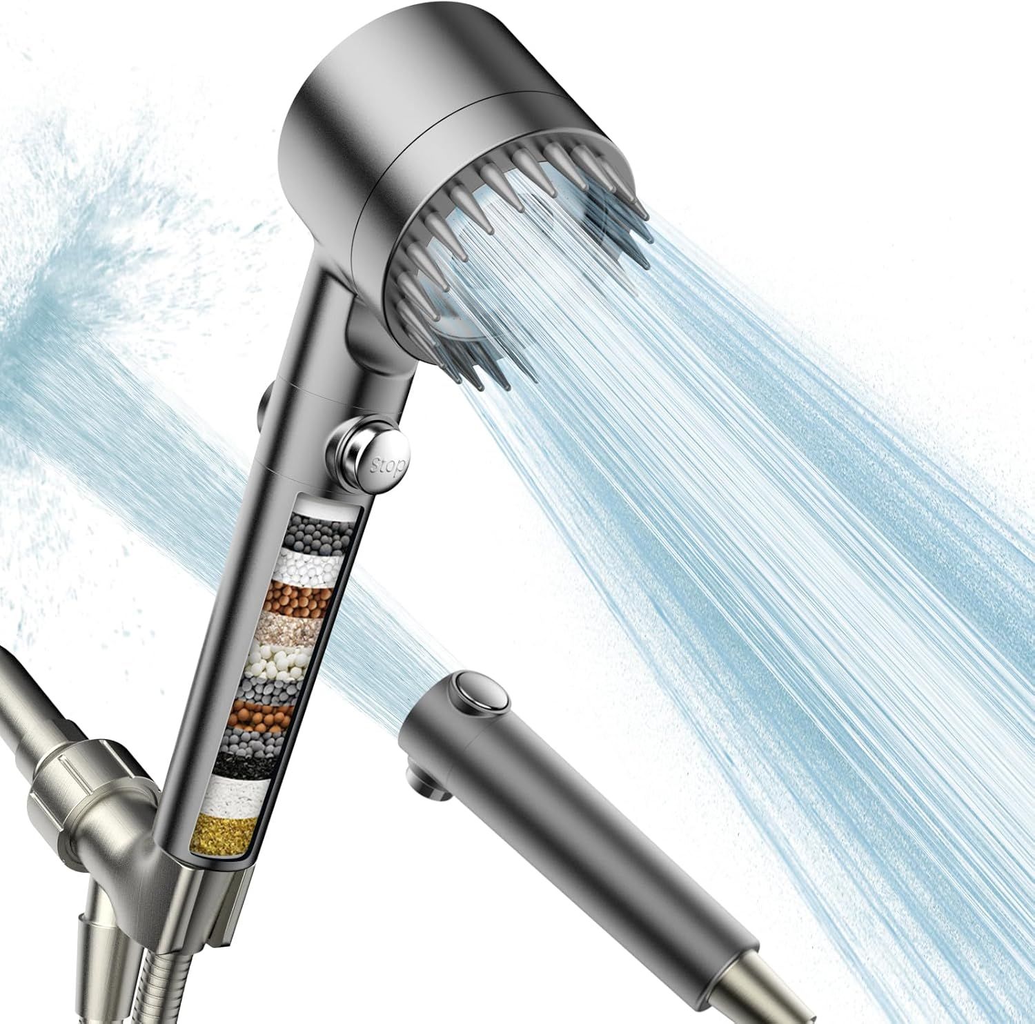 Demonstrates the shower head's built-in filtration system with visible filter layers and active water flow, reassuring shoppers that the product purifies water for healthier showering. Uses added…