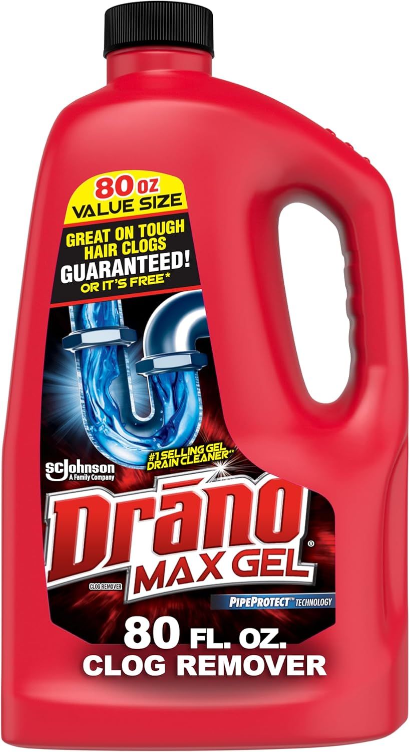 Shows the core product clearly with its packaging and branding to help shoppers identify the Drano Max Gel drain cleaner and understand its key features like value size and effectiveness on tough…