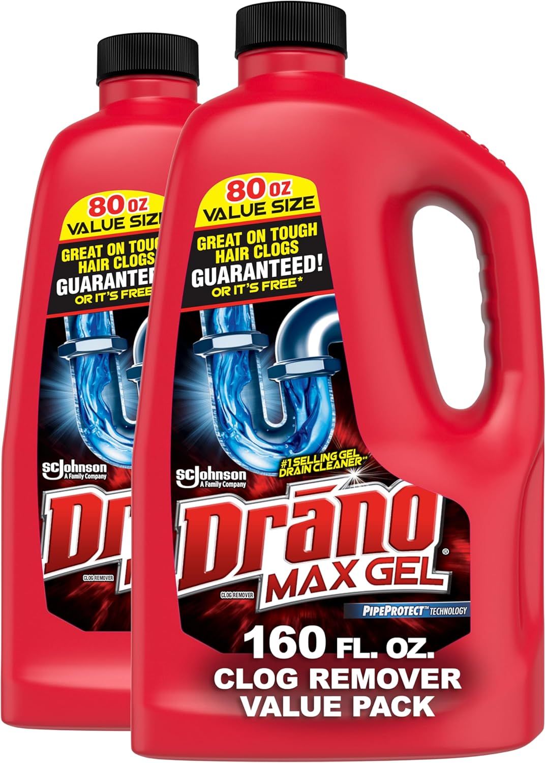 Shows the core product in a value pack format to communicate quantity and value to shoppers looking for drain cleaning solutions. Uses a visual graphic overlay of a drain pipe with blue water…