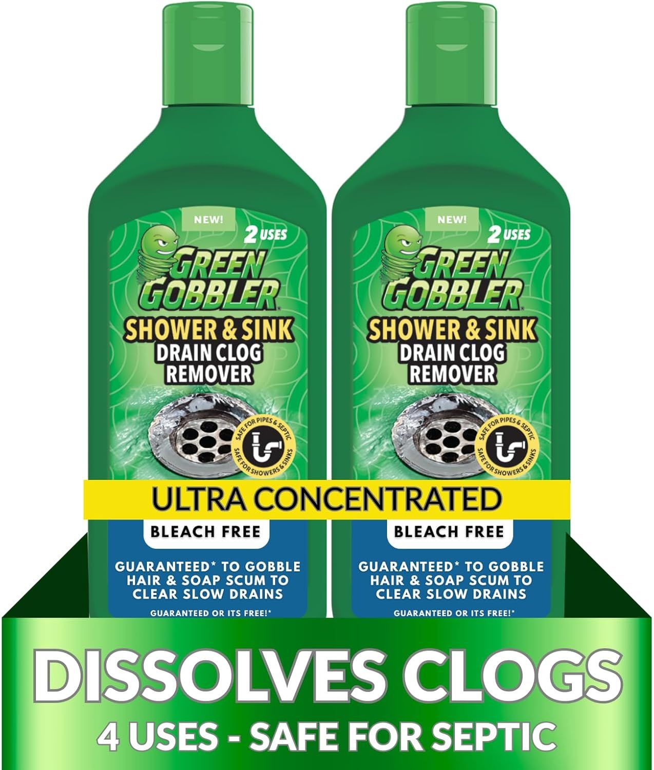 Shows the core product (two bottles of Green Gobbler drain cleaner) clearly so shoppers can see what they are purchasing, including key product features like ultra concentrated formula and…