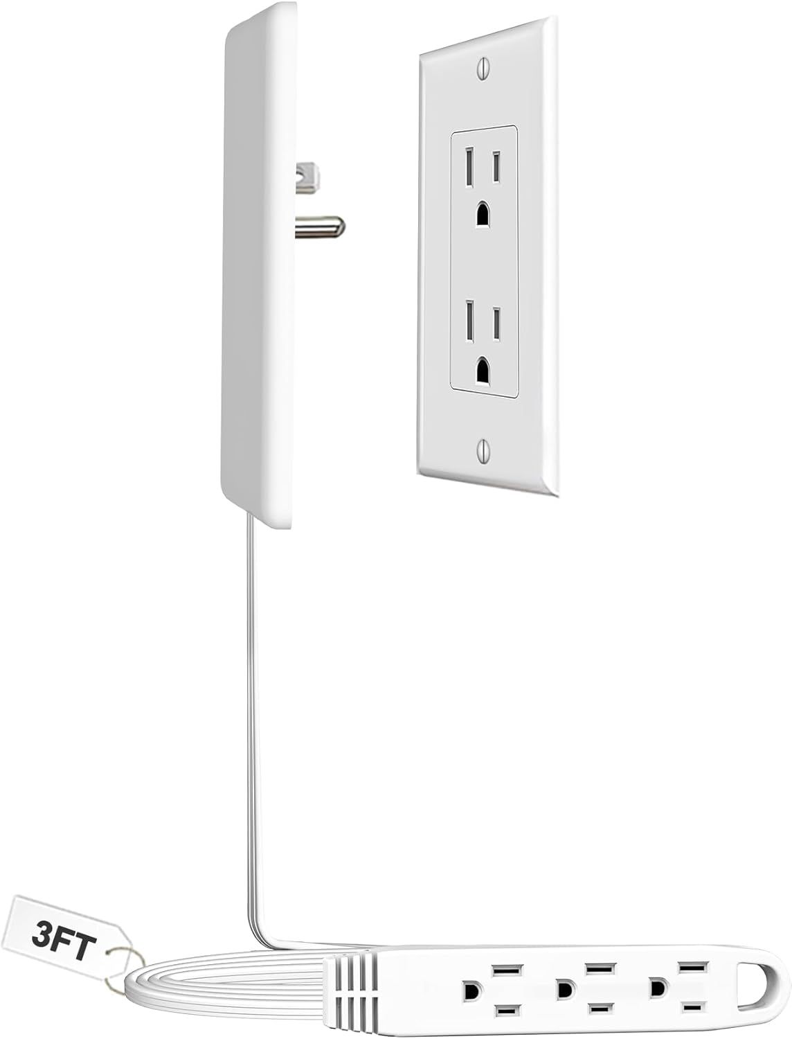 Shows the core product clearly - a wall outlet extender that mounts to a standard outlet and provides additional outlets via a 3-foot extension cord with power strip. Displays the cable length…
