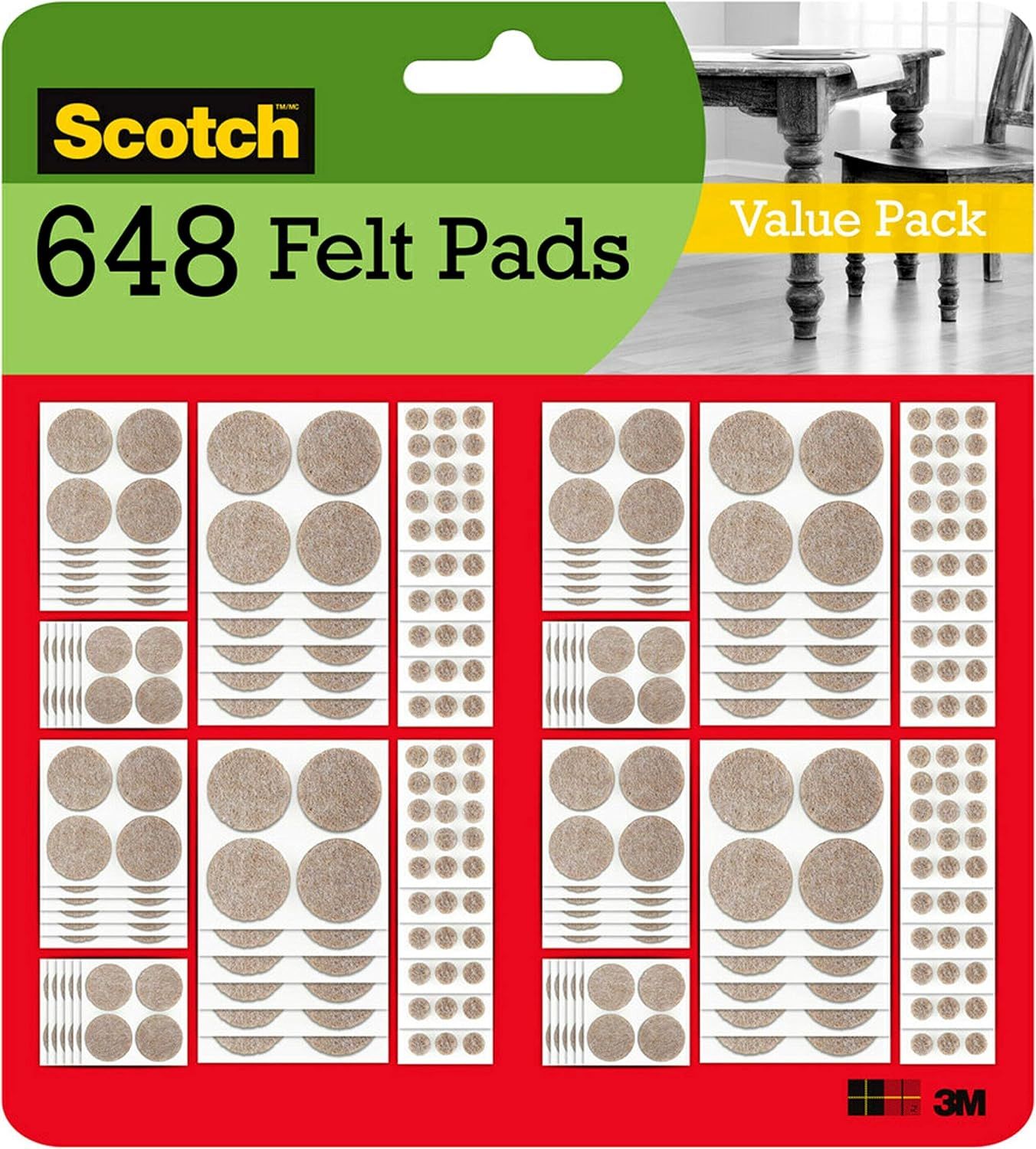 Shows the complete assortment of 648 felt pads in various sizes and shapes (circles, ovals, strips) to communicate the variety and quantity included in the value pack. Displays the retail packaging…