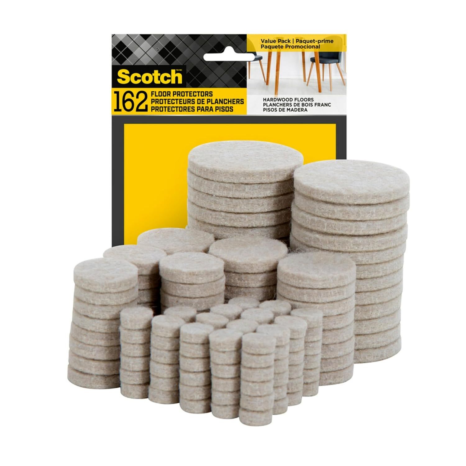 Shows the complete set of 162 felt floor protectors in various sizes, demonstrating the quantity and variety included to protect hardwood floors from furniture scratches. Displays the Scotch branded…