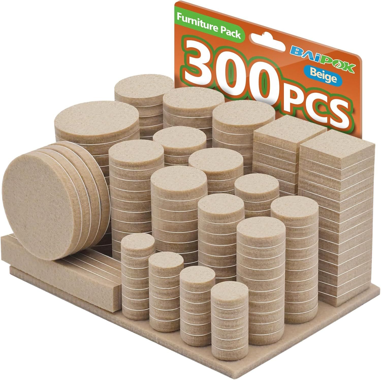 Shows the complete 300-piece furniture pad set with various shapes (round, square, rectangular) and sizes to communicate the variety and quantity included in the purchase. Displays the retail…