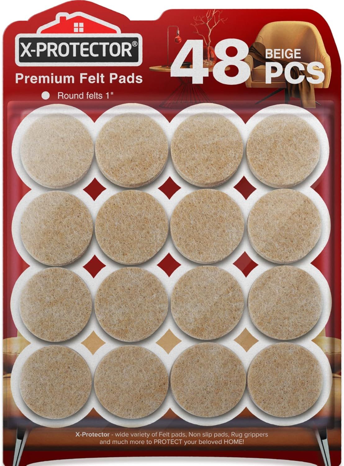 Shows the complete set of beige felt pads in retail packaging, communicating the quantity and appearance of the product to help shoppers understand what they will receive. Displays the actual retail…