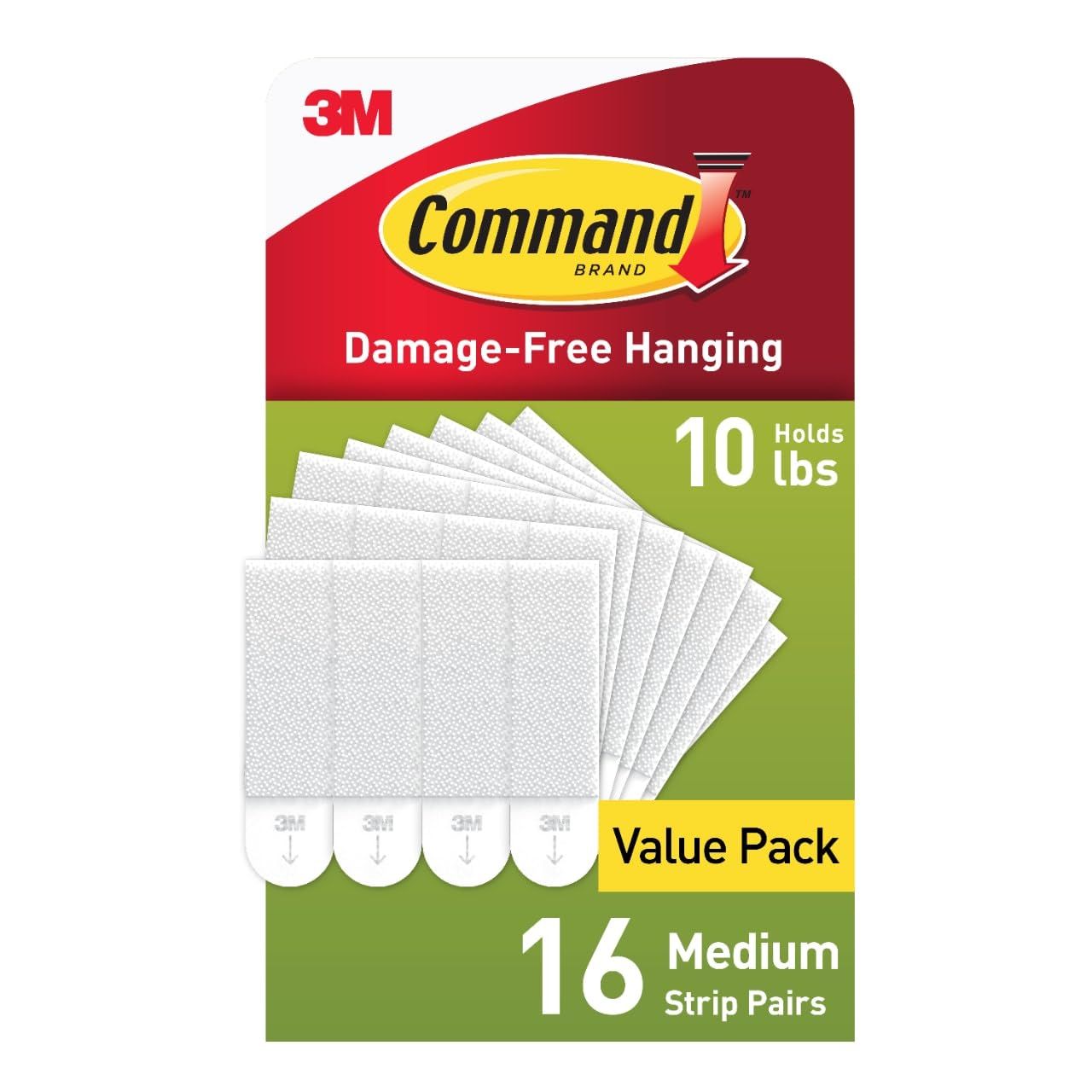 Shows the retail packaging to communicate the product is a value pack containing 16 medium strip pairs that hold 10 lbs and provide damage-free hanging. Displays the core product (Command hanging…