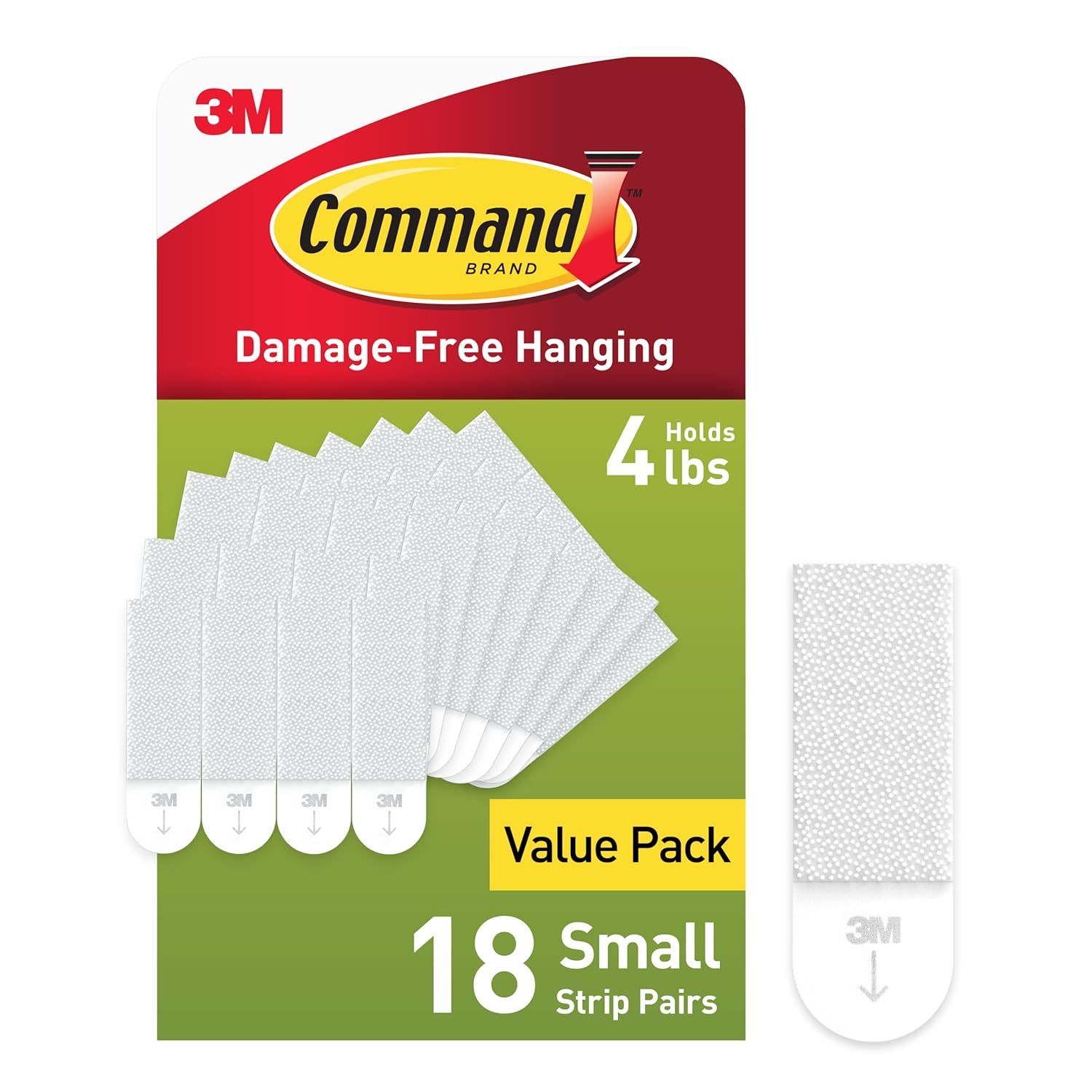 Shows the Command Brand hanging strips package and product to communicate the damage-free hanging solution, weight capacity, and value pack quantity to shoppers. Displays the retail packaging with…