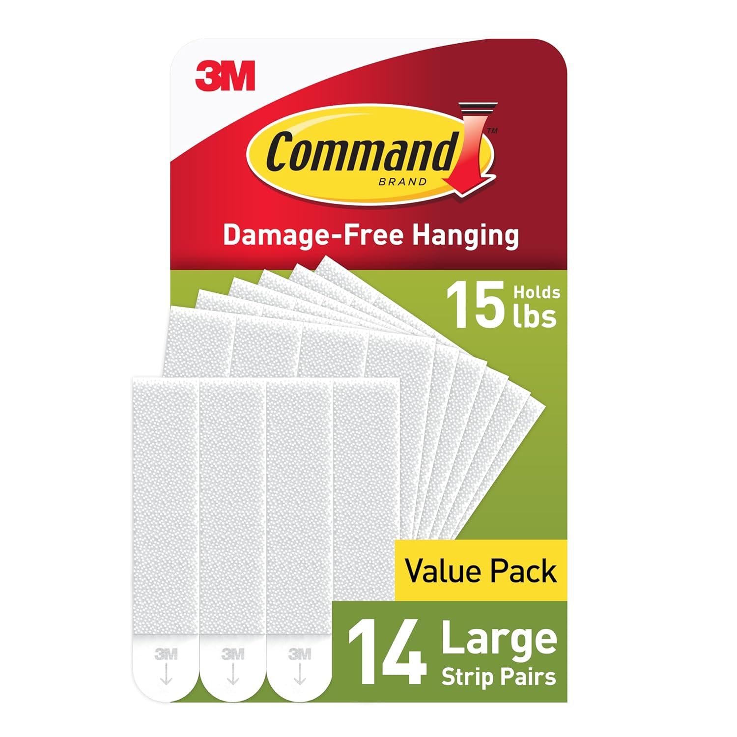 Shows the core product—Command Brand hanging strips in a value pack—clearly displaying the strips and key features like damage-free hanging and weight capacity to help shoppers understand what they…