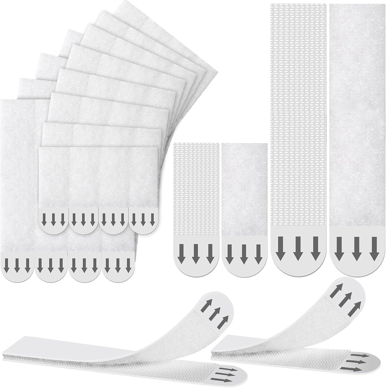 Shows the complete set of adhesive fastener strips in different sizes and configurations to communicate the variety and quantity included in the purchase. Demonstrates how the hook and loop…