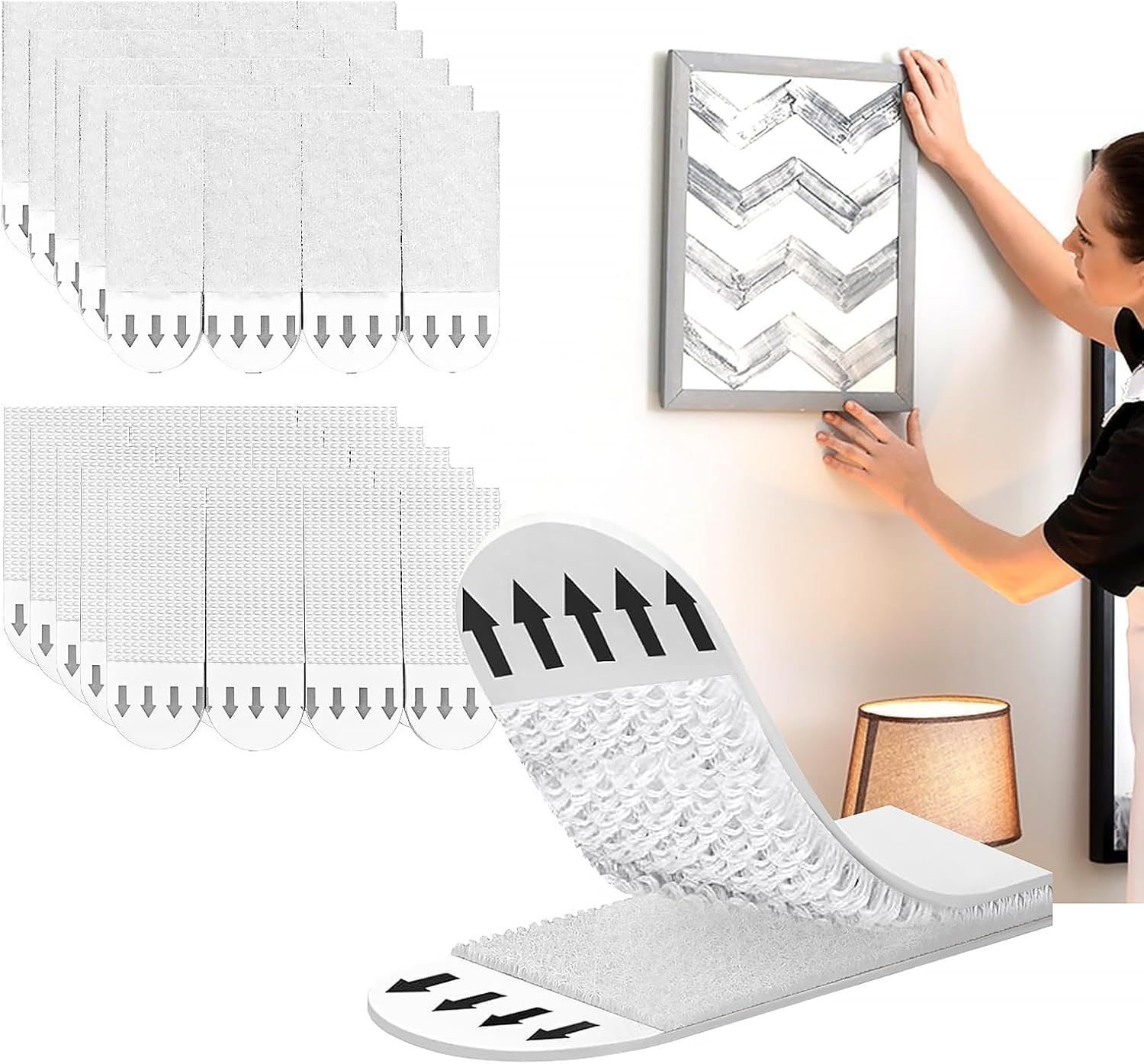 Demonstrates how the product is applied to walls using a simple peel-and-stick method, reassuring shoppers that installation is quick and requires no special tools or expertise. Shows a person…