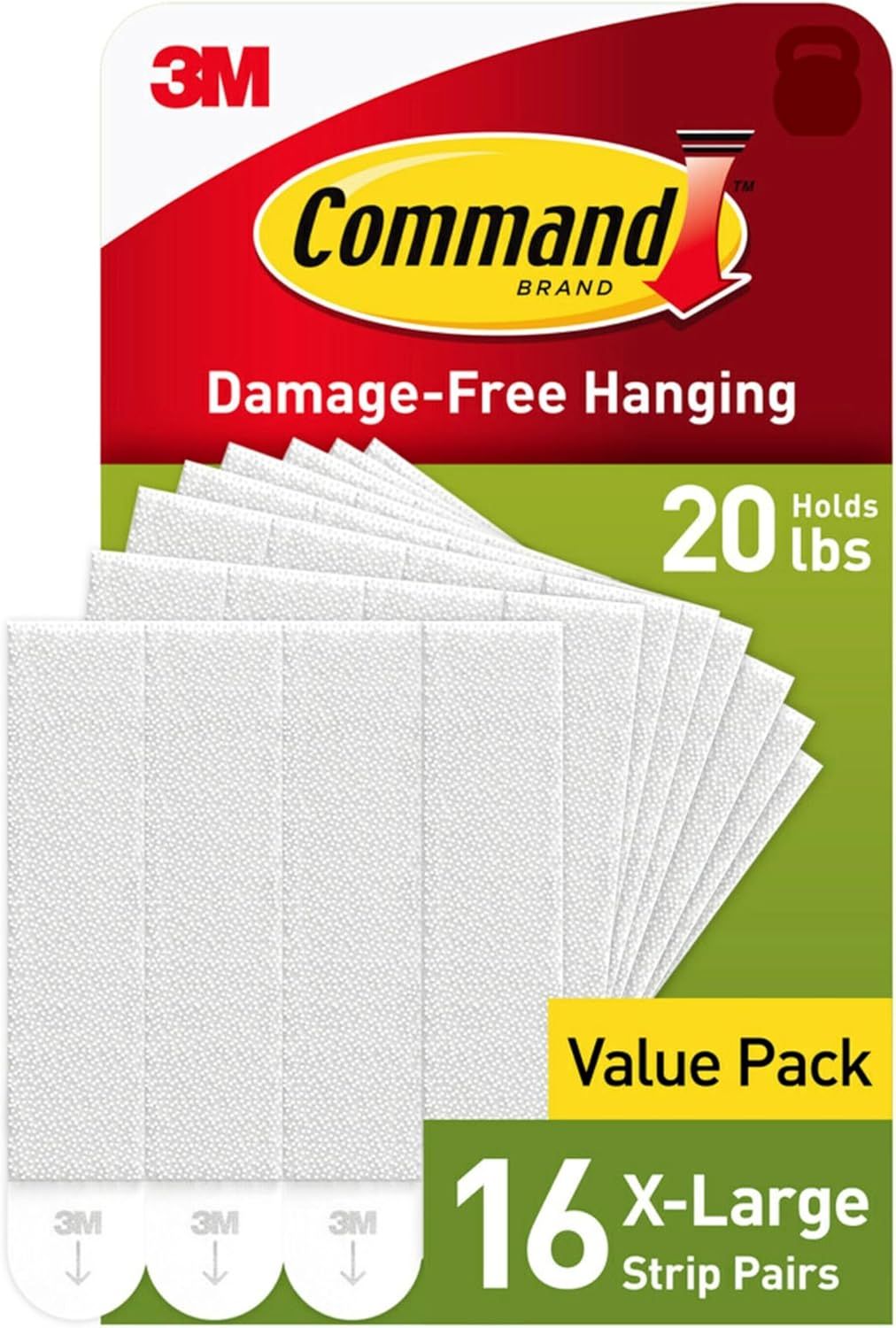 Shows the retail packaging to communicate the product quantity (16 X-Large Strip Pairs), weight capacity (20 lbs), and damage-free hanging benefit, helping shoppers understand what they will…