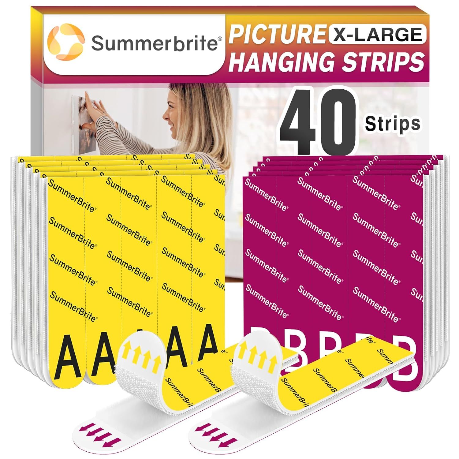 Shows the complete product package and the actual hanging strips in both yellow and magenta colors, communicating what the buyer will receive and the quantity included. Displays the retail packaging…