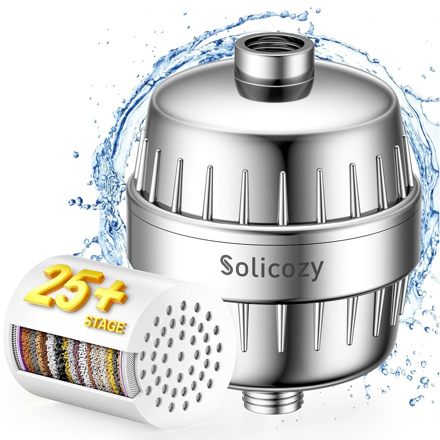 Displays the core shower filter product with its replacement cartridge to show shoppers what they will receive and communicate the quality construction. Uses water splash visual effects and a…