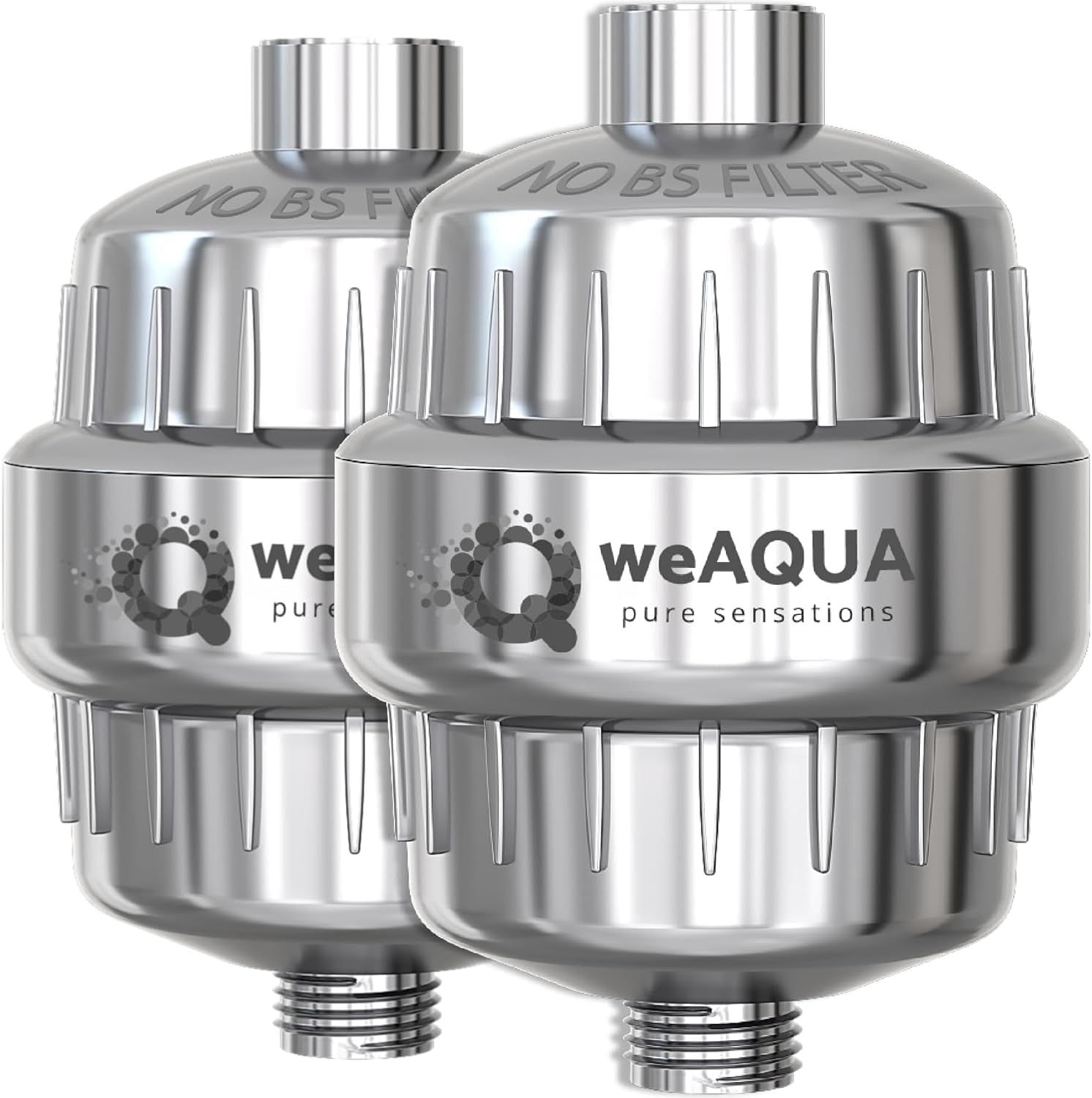 Shows two identical shower filter units clearly displaying the brand and key feature (NO BS FILTER) to communicate the core product being sold as a 2-pack.
