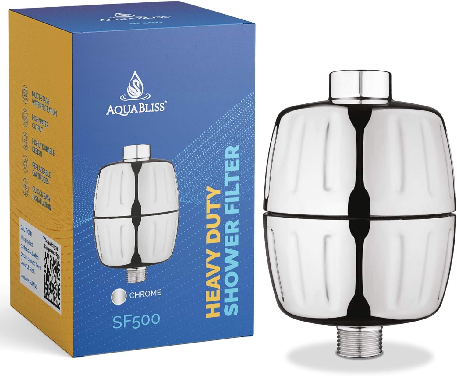 Displays the core product (AquaBliss SF500 shower filter) in chrome finish alongside its retail packaging to show shoppers exactly what they will receive. Shows the branded retail packaging with key…