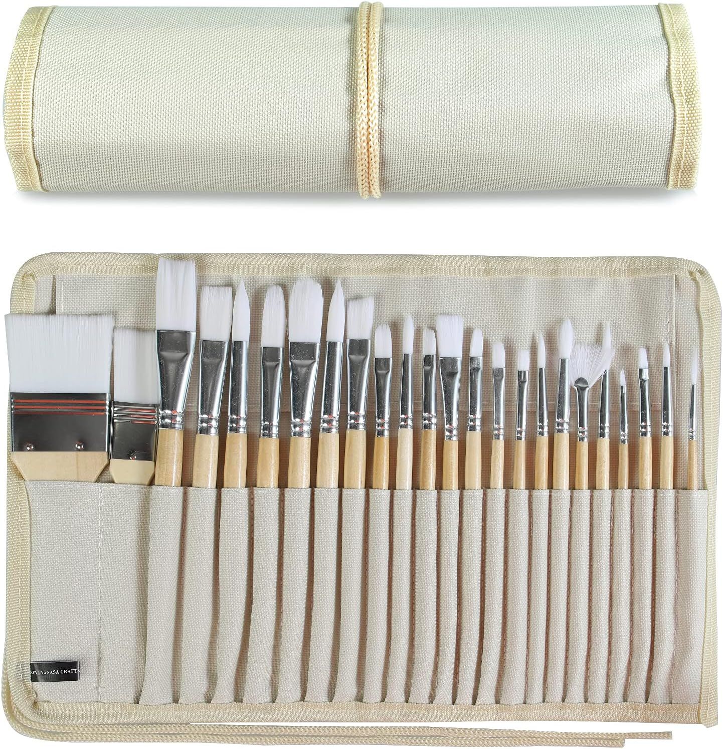 Shows the complete paint brush set with all included brushes in various sizes and shapes, demonstrating the variety and organization provided by the roll-up canvas case. Demonstrates how the brush…