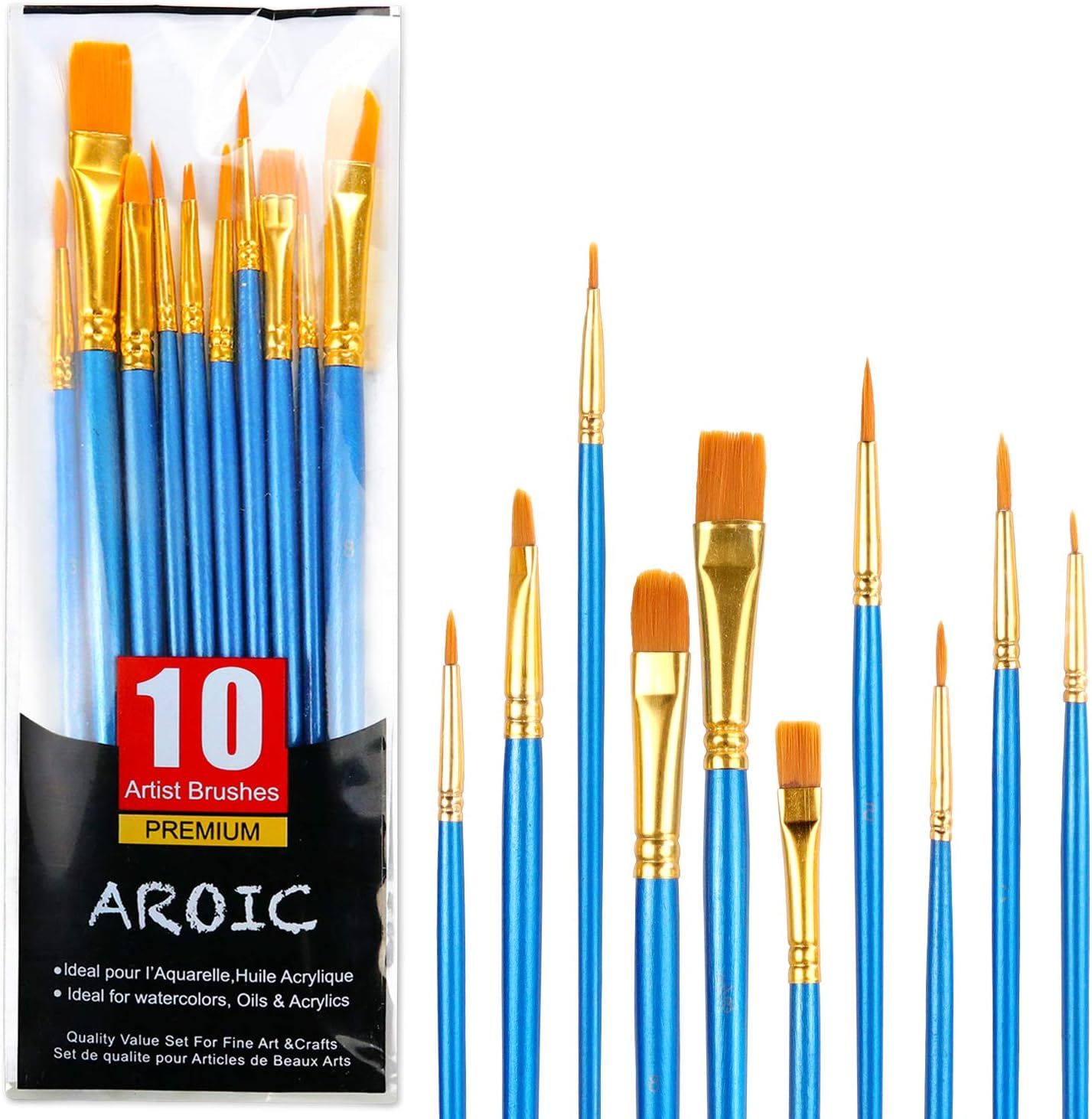 Shows the complete set of 10 artist brushes with their distinctive blue handles and gold ferrules, allowing shoppers to see the variety of brush shapes and sizes included in the set. Displays the…