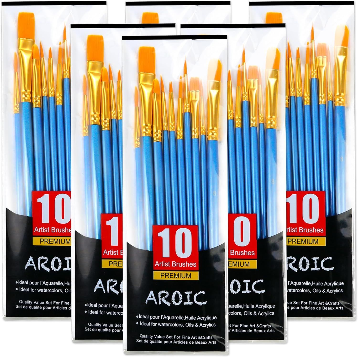 Displays the core product—a 10-piece premium artist brush set with blue handles and gold ferrules—clearly showing the variety of brush shapes and sizes included to help shoppers understand what they…