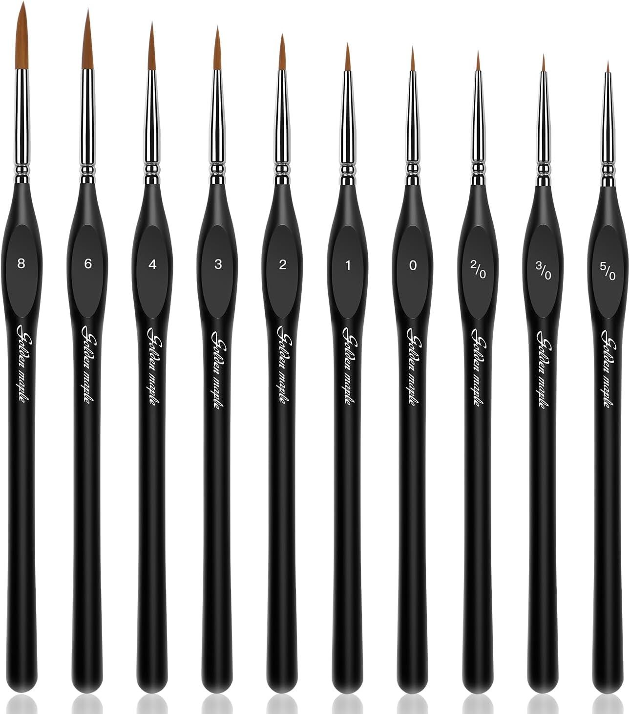 Shows the range of available brush sizes (from 8 down to 5/0) to help shoppers select the right precision level for their painting or nail art needs.
