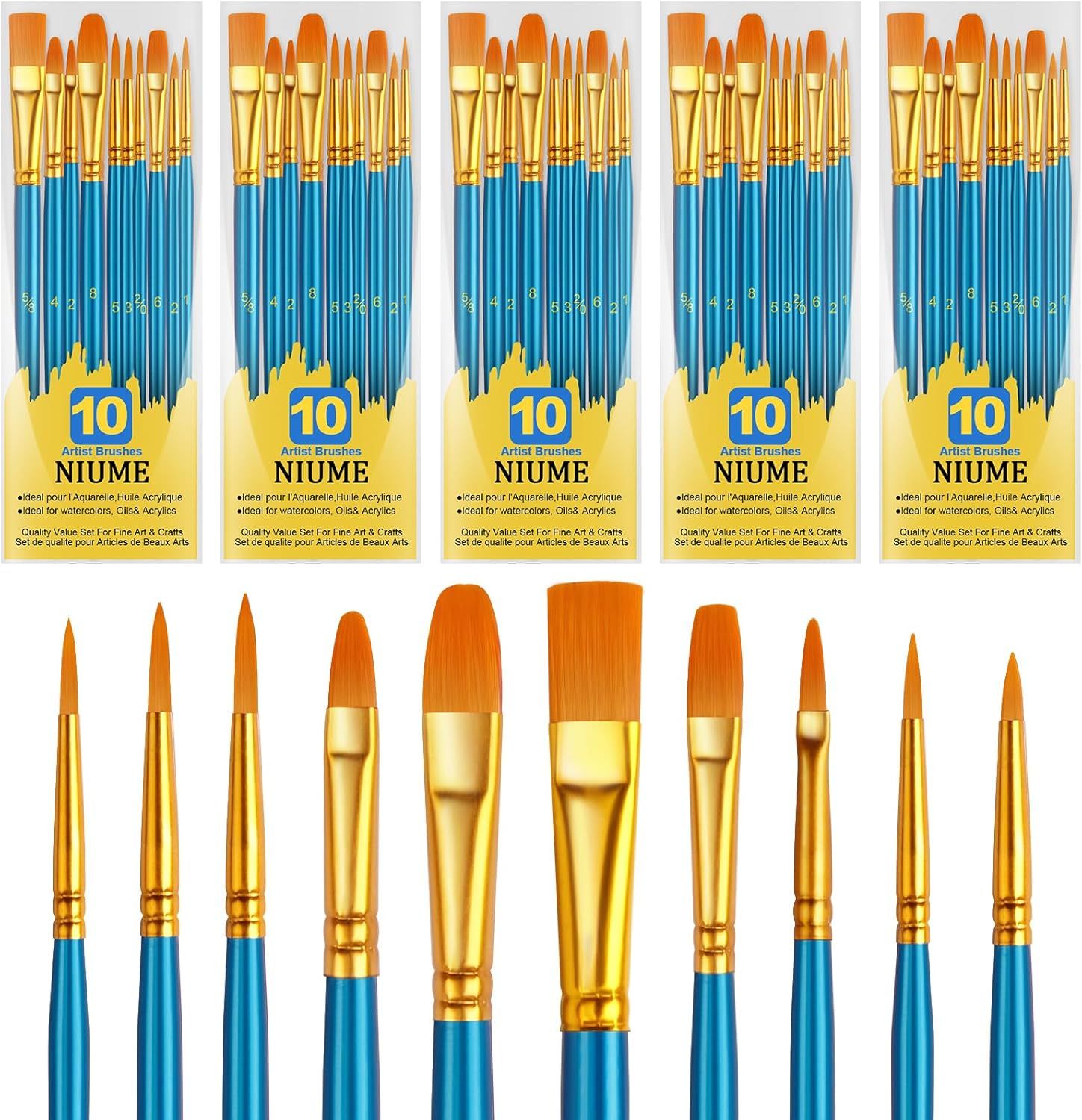 Displays the complete set of 10 artist brushes with different tip shapes and sizes to show shoppers the variety included in the set and help them understand the versatility for different painting…