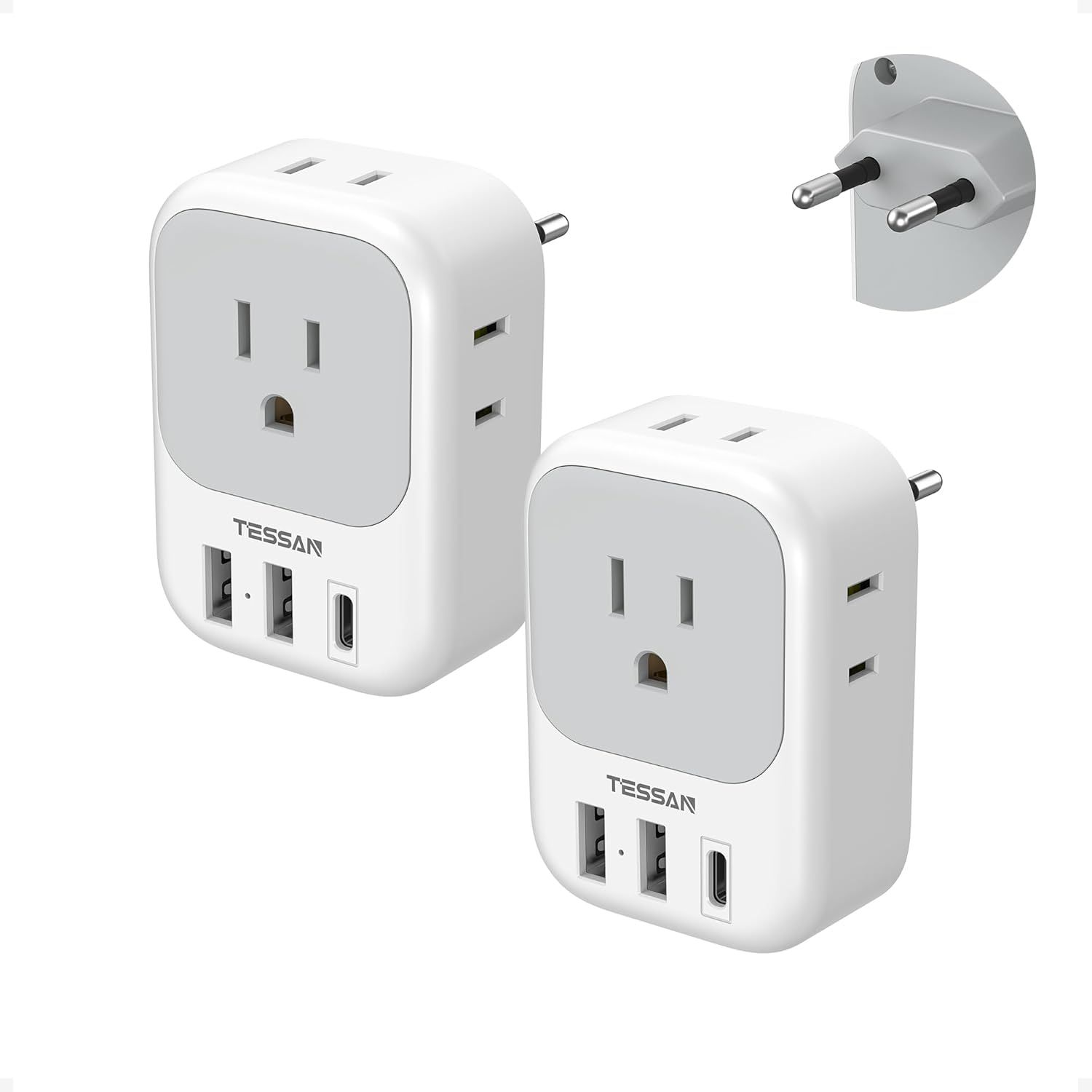 Shows the core product clearly on a white background, displaying two identical travel adapters with their European plug attachments to communicate what the buyer will receive. Demonstrates that the…