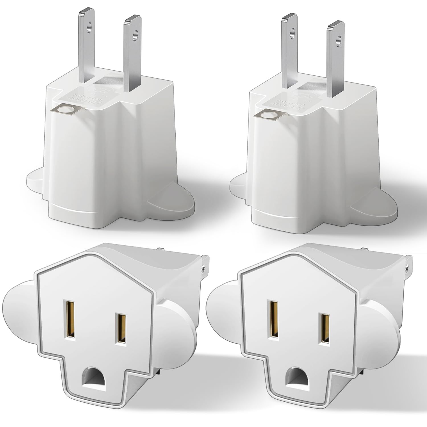 Shows the core product from multiple angles to help shoppers understand the physical design, plug configuration, and outlet ports of these electrical adapters. Uses subtle drop shadows and surface…