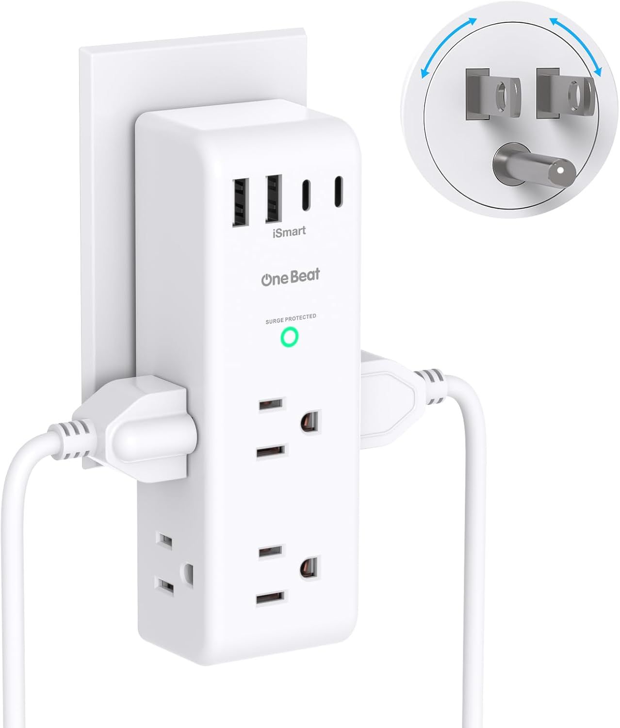 Shows the core product—a wall-mounted power strip with multiple USB and AC outlets—to communicate its multi-device charging capability and surge protection feature. Demonstrates the product's…