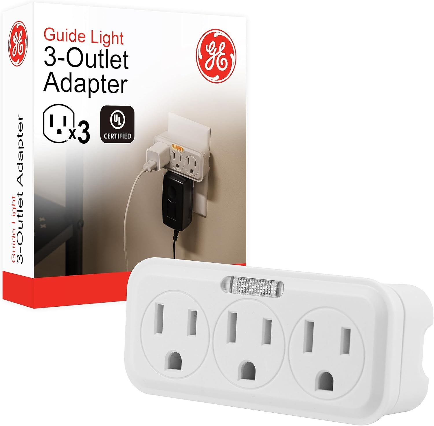 Shows the core product clearly - a 3-outlet adapter with an integrated guide light feature, allowing shoppers to see exactly what they are purchasing. Displays the retail packaging alongside the…