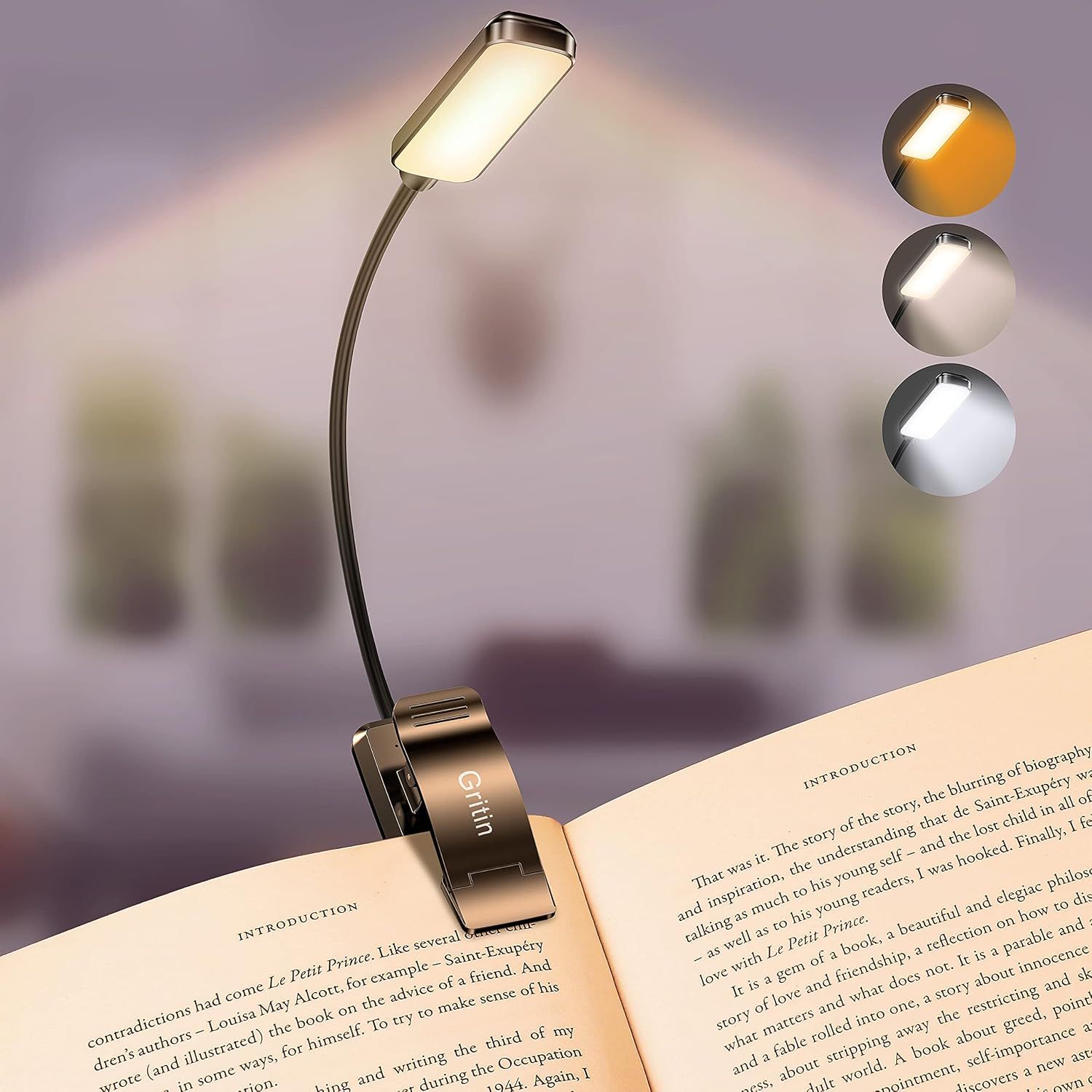 Shows the core product, a clip-on reading lamp with flexible neck, demonstrating its practical design for reading and task lighting. Demonstrates the lamp's key feature of offering three different…