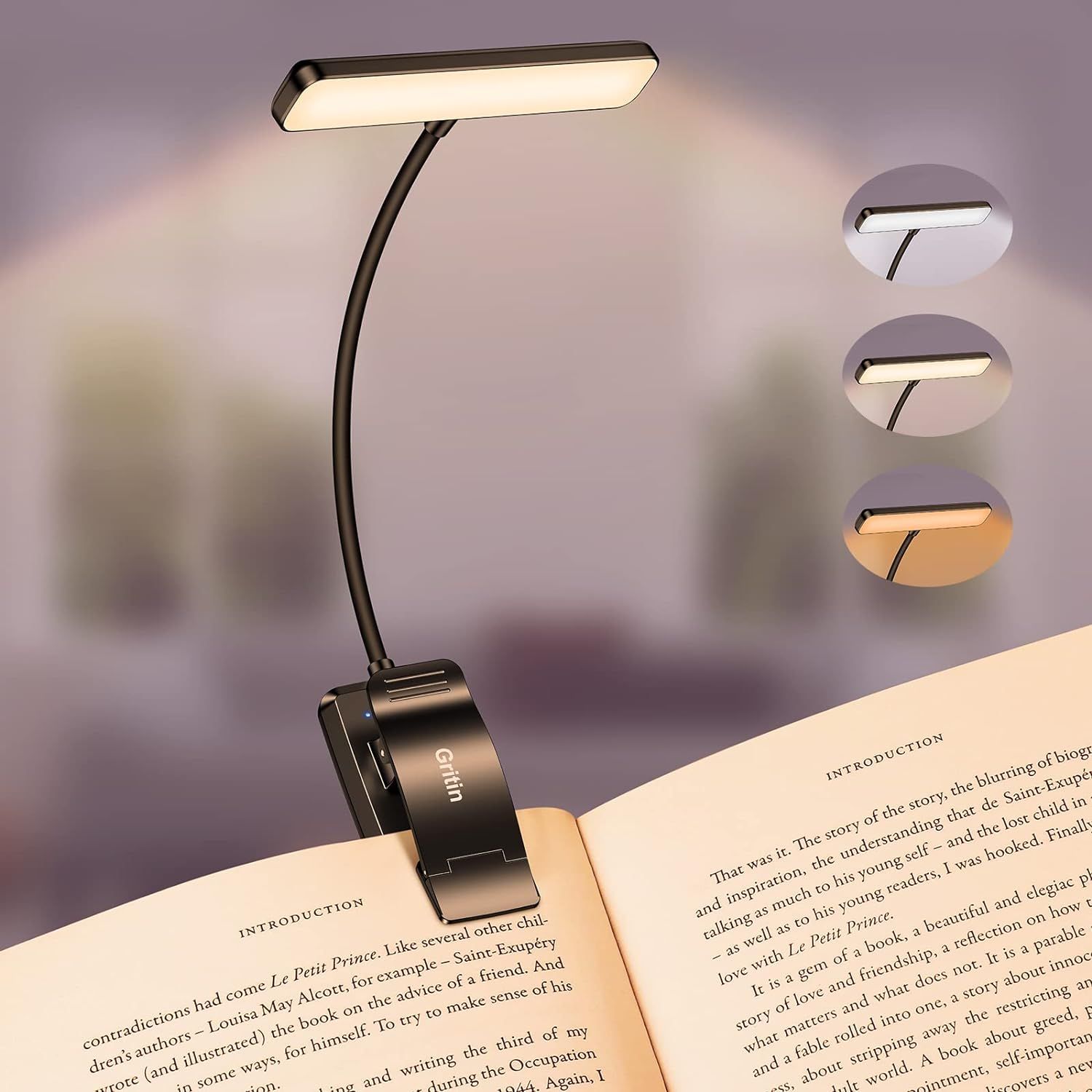 Shows the core product, a clip-on reading lamp with flexible neck, demonstrating its design and how it attaches to books or surfaces for hands-free reading. Displays the three selectable color…