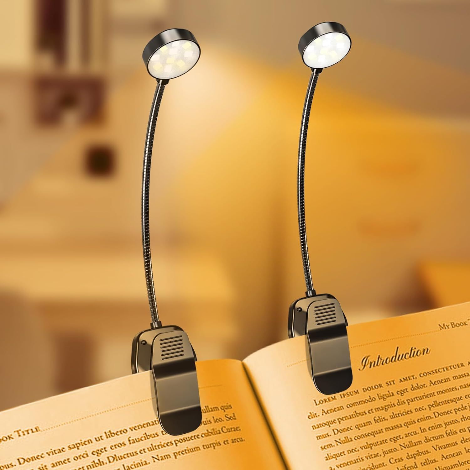 Shows the core product—a pair of clip-on LED book lights with flexible goosenecks—demonstrating their design and how they attach to a book for hands-free reading. Demonstrates the product actively…