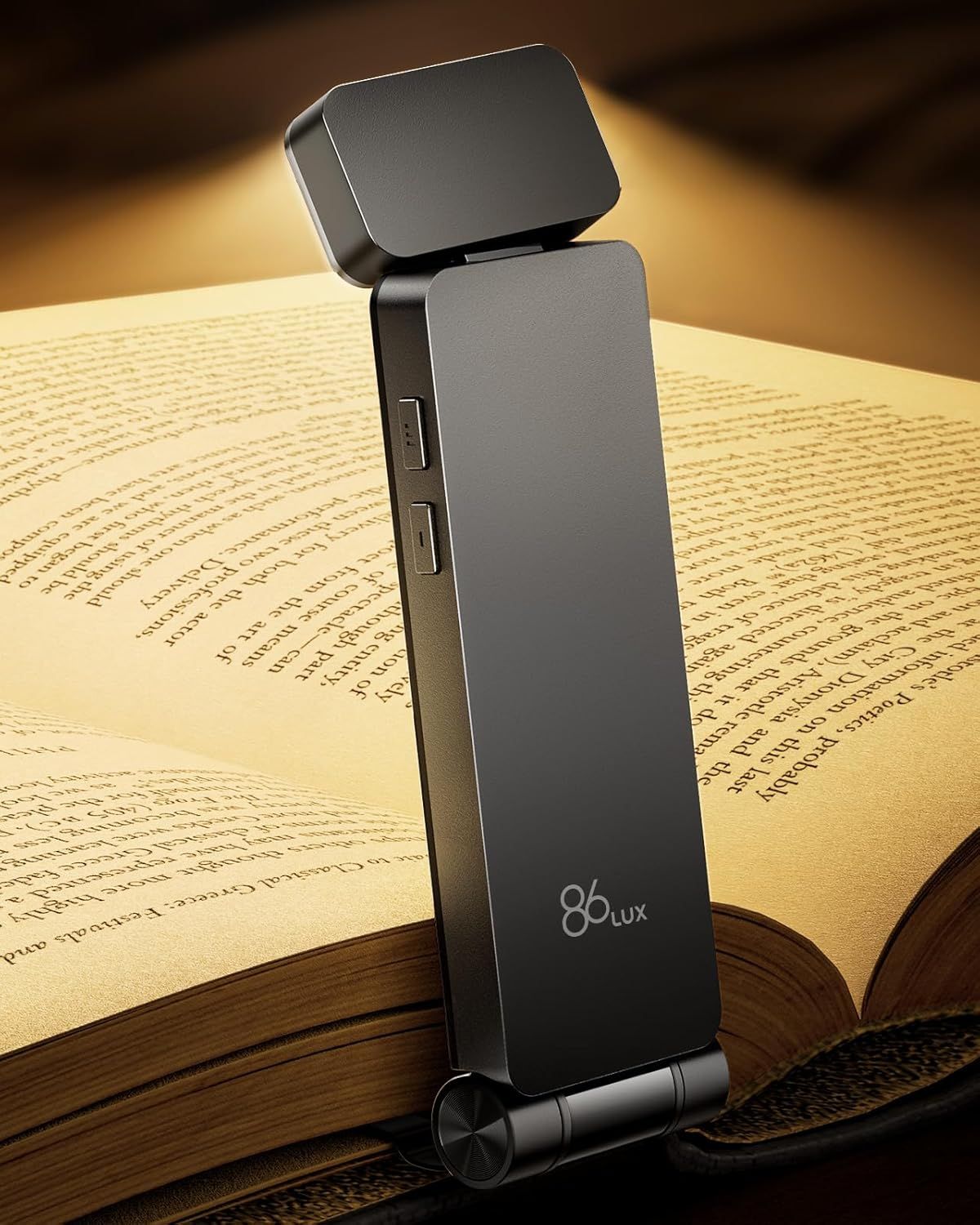 Shows the core product—a sleek, adjustable book light with integrated USB charging ports—to communicate its modern design and multi-functional capabilities for readers. Demonstrates the product in…