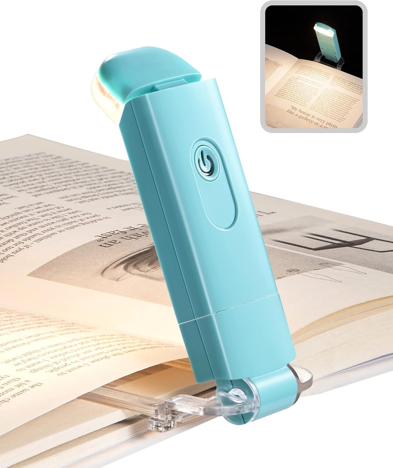 Shows the core product—a portable clip-on reading light—clearly displayed in use on a book to communicate its primary function and design. Demonstrates the product actively lighting up book pages…