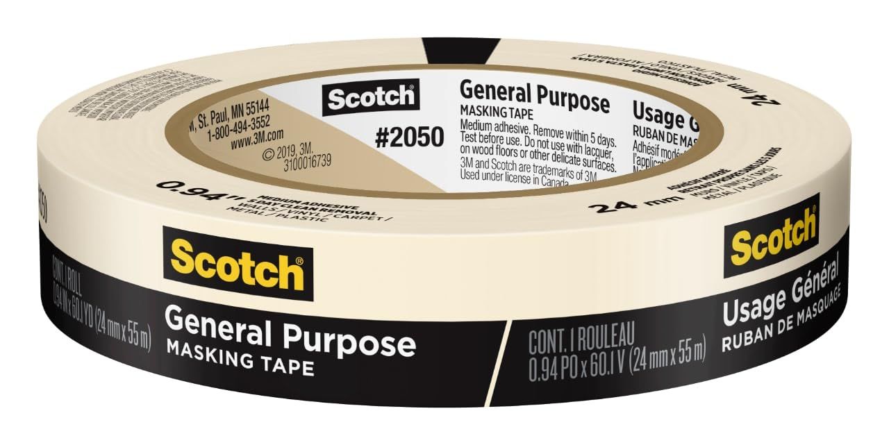 Displays the core product, a roll of Scotch masking tape, clearly showing the brand, product type, and model number to help shoppers identify what they are purchasing.