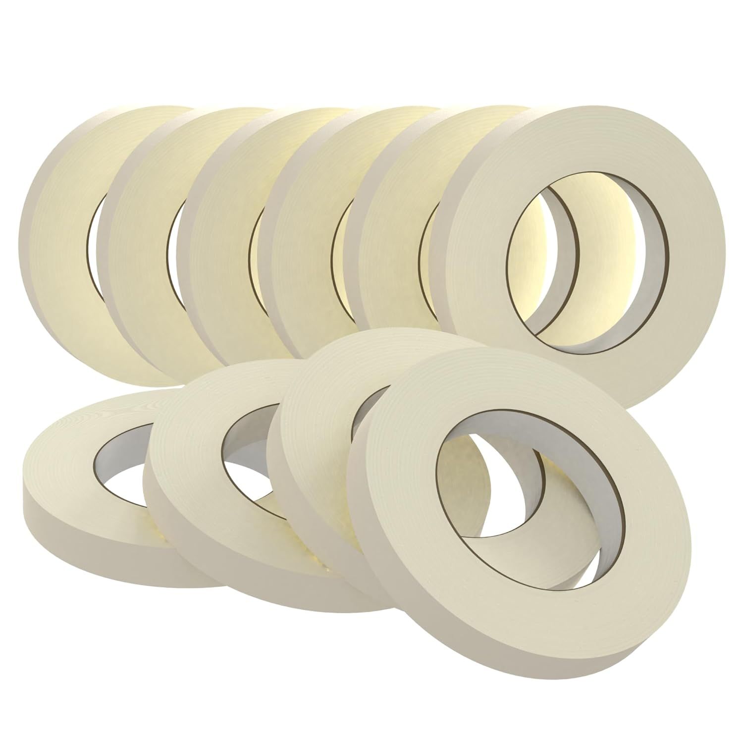 Displays the core product as a multi-pack of masking tape rolls to communicate the quantity included in the purchase and reassure shoppers they are getting multiple units.