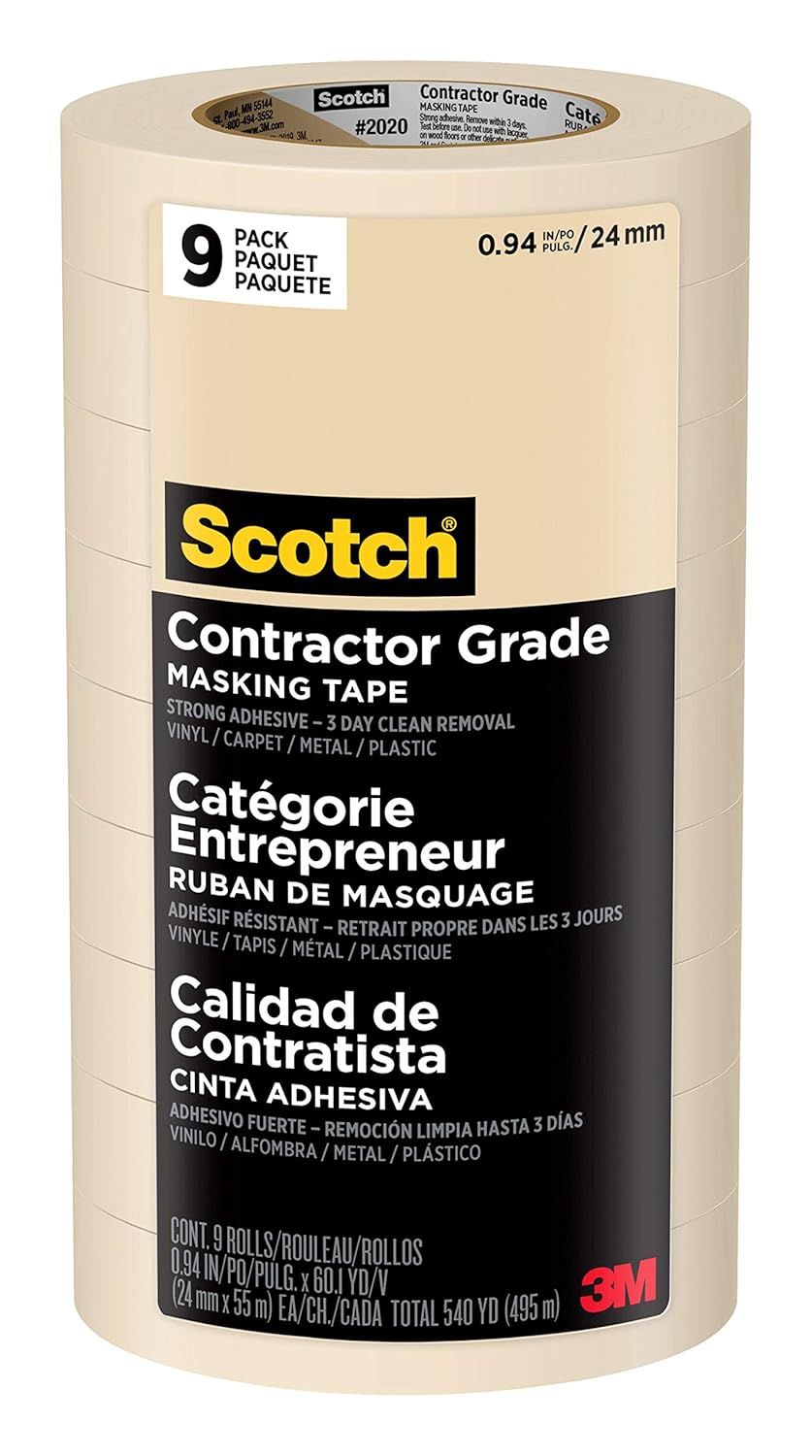 Shows the core product clearly—a 9-pack of Scotch contractor grade masking tape—so shoppers can see exactly what they are purchasing, including the brand, quantity, and product specifications.