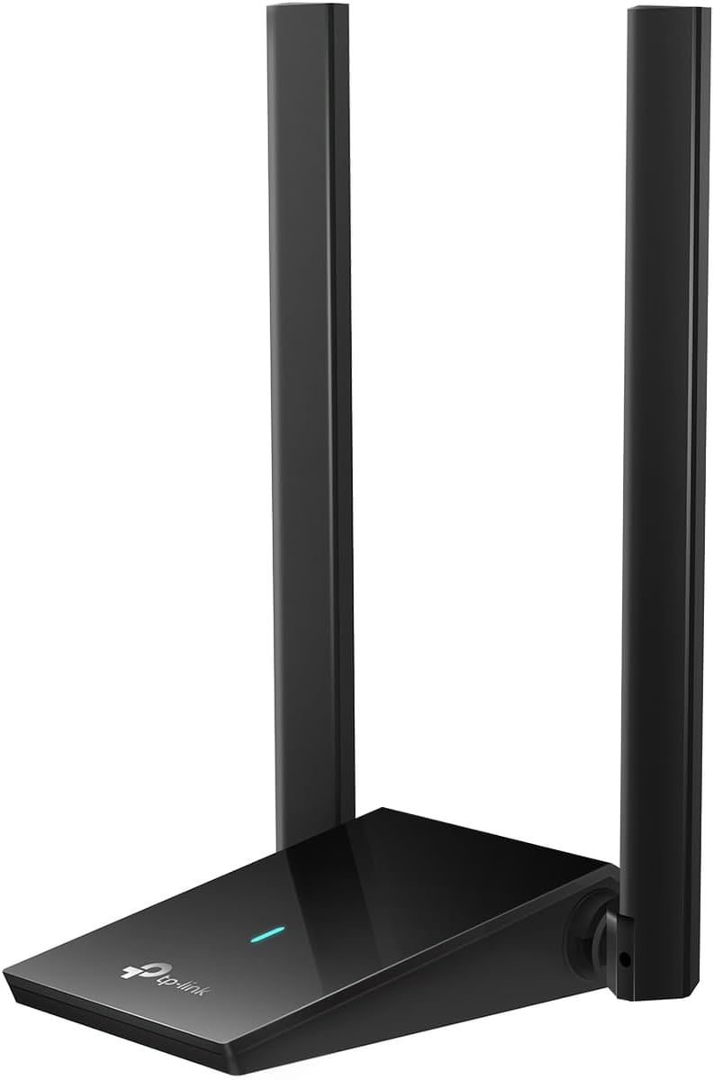 Displays the router with its prominent dual antennas to communicate strong wireless coverage and modern aesthetic appeal to shoppers looking for reliable home networking.