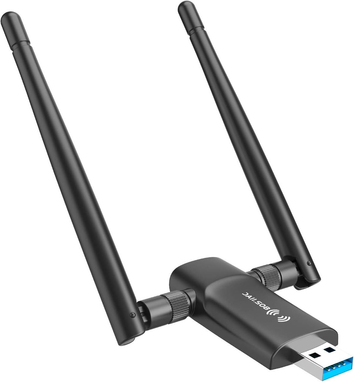 Shows the core wireless adapter product with its dual adjustable antennas and USB 3.0 connector to communicate its connectivity capabilities and design to shoppers.