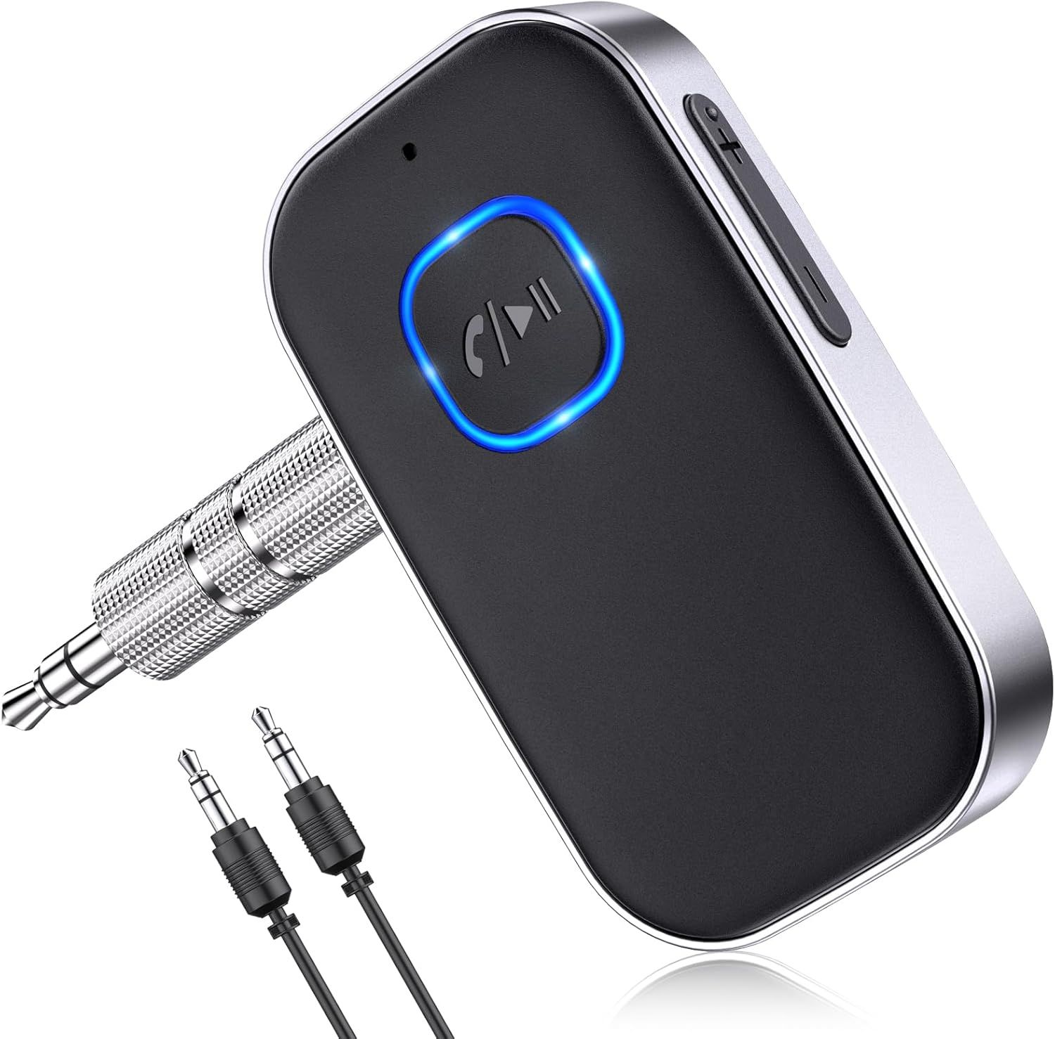 Shows the core Bluetooth audio receiver device with its illuminated LED indicator to communicate its modern design and active connectivity status. Displays the included 3.5mm audio cables and…