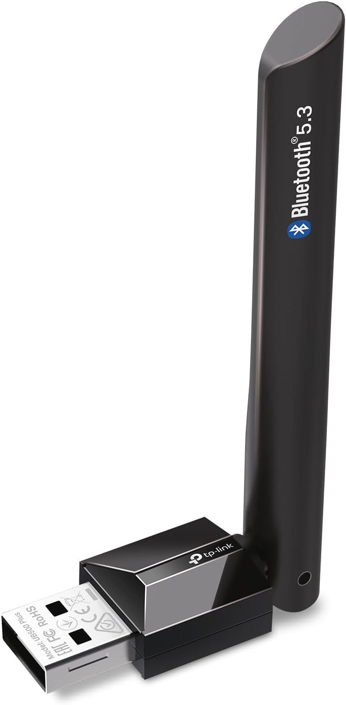 Displays the core product, a TP-Link Bluetooth 5.3 USB adapter with external antenna, showing its physical design and connectivity features to help shoppers understand what they will receive.