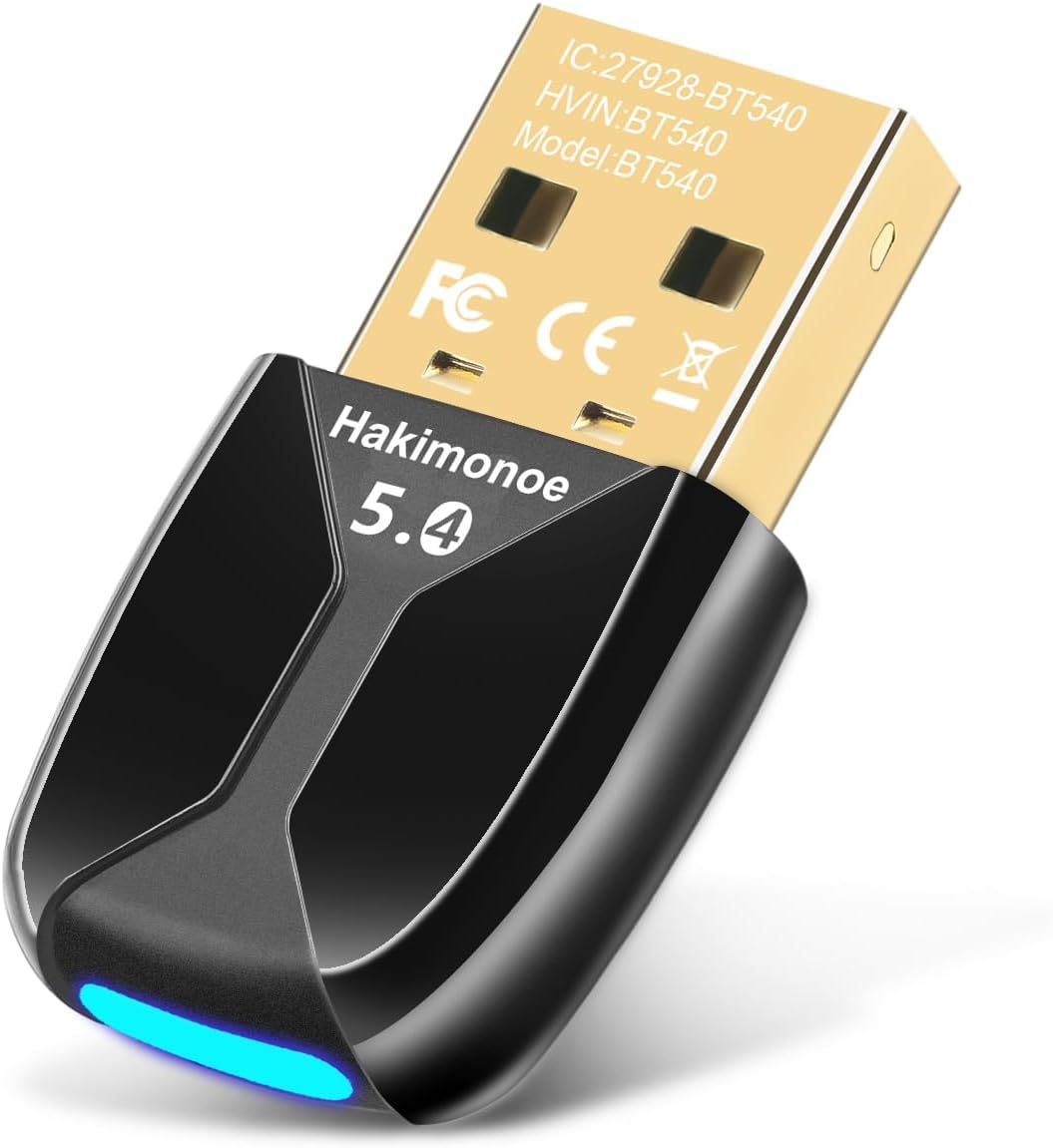 Shows the core product clearly—a Bluetooth 5.4 USB adapter—highlighting its compact form factor and modern design to communicate ease of use and compatibility. Uses a subtle drop shadow to give the…