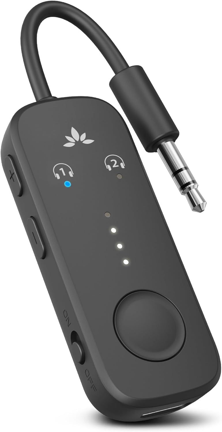 Shows the core product clearly with its key features visible including dual headphone connection capability, LED status indicators, and control button to communicate its functionality as a wireless…