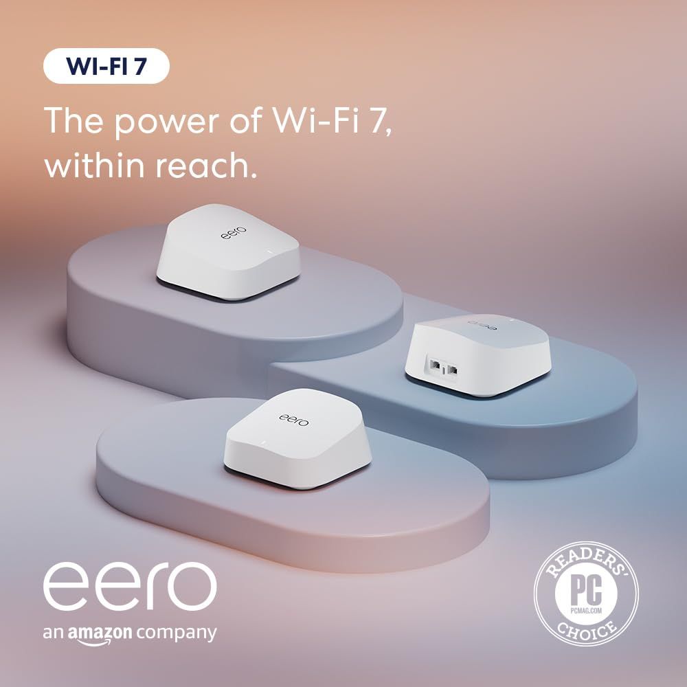 Showcases the eero Wi-Fi 7 mesh router system to communicate advanced connectivity technology and whole-home coverage capability. Uses a soft gradient background with elevated product staging to…