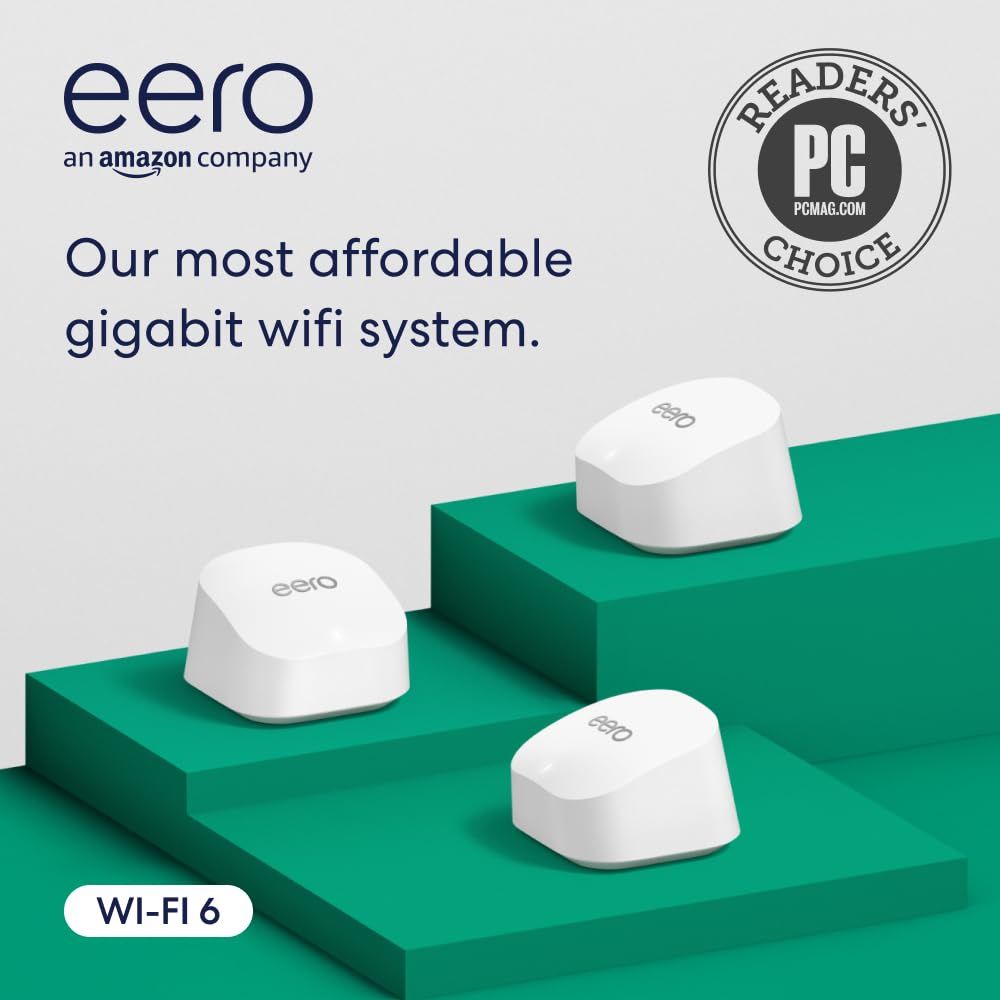 Showcases the eero WiFi 6 mesh system as an affordable, award-winning solution for whole-home gigabit connectivity, emphasizing its value proposition and third-party recognition. Uses a distinctive…