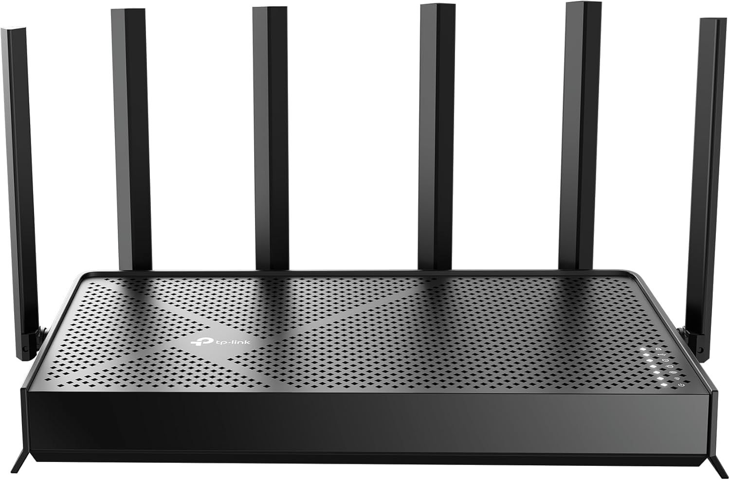 Displays the core product, a TP-Link router with six high-gain antennas, to communicate its advanced connectivity capabilities and sleek design to shoppers.